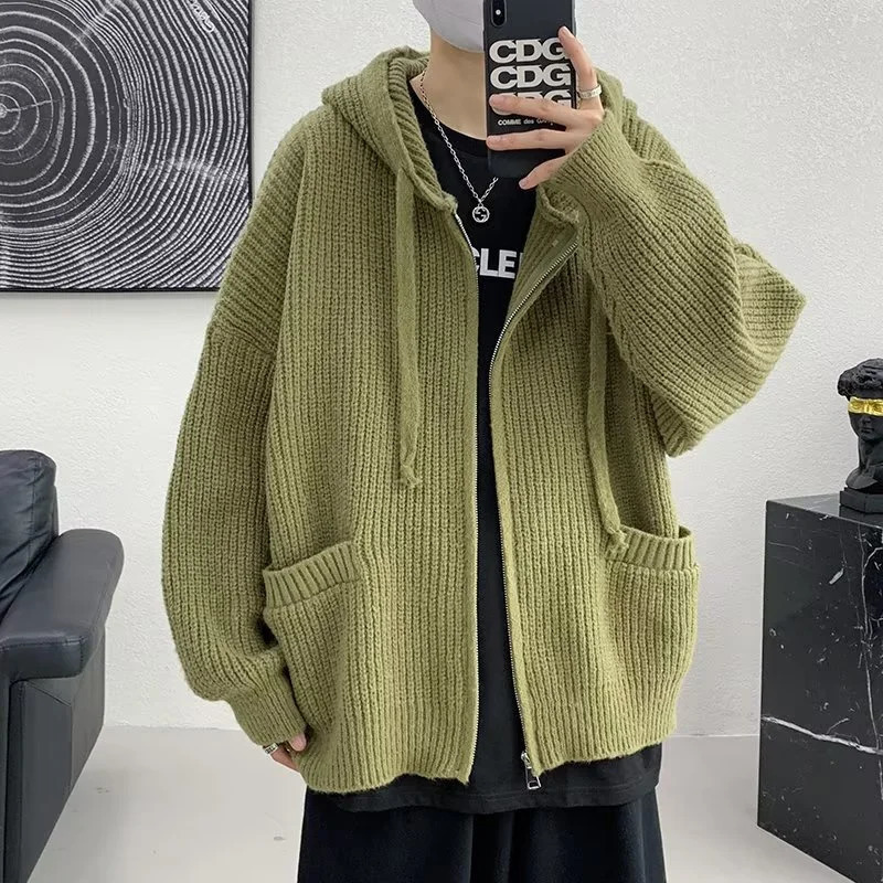 Solid Color Hoodies Cardigan Jackets For Men Autumn Y2K Vintage Streetwear Knitted Sweater Korean Fashion Knitwears Coat 241017