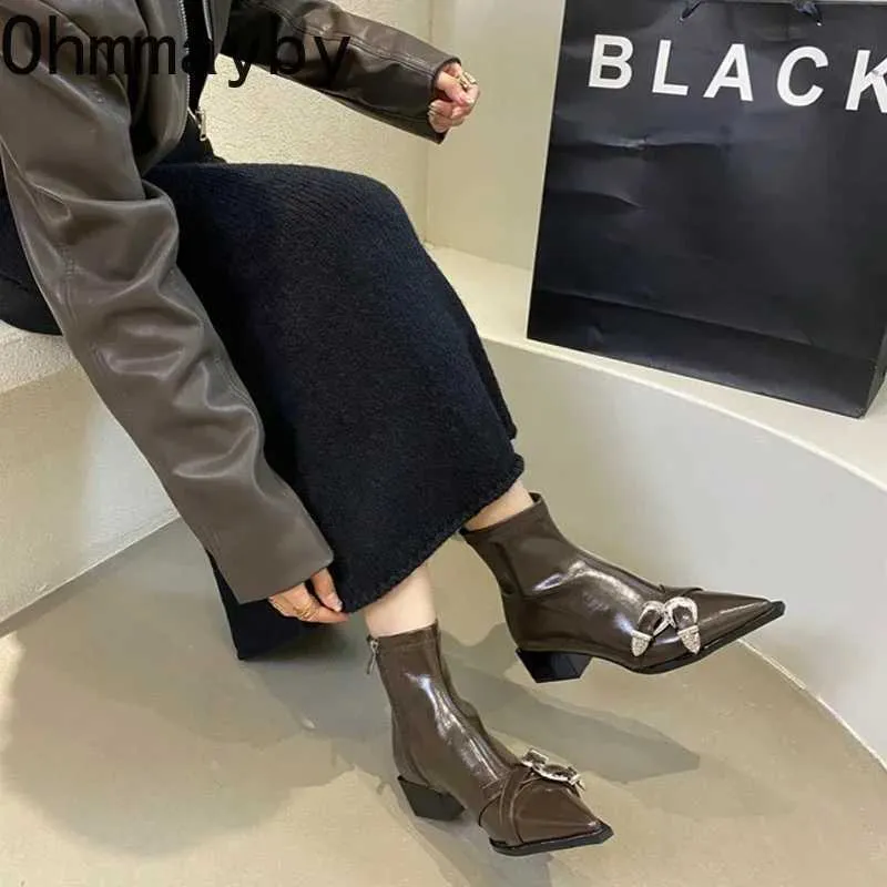 Designer Boot Pointed Toe Women Ankle Boots Fashion Thick Heel Slimming Short Booties Autumn Winter Female Shoesl486