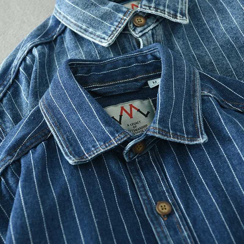American Style Classic Nostalgic Striped Denim Shirt Mens Long Sleeve Washed Loose Blue Fashionable plus size Shirt for Men LX241017