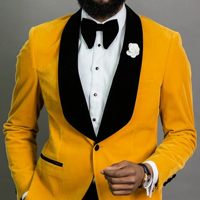 Yellow Velvet Wedding Tuxedo with Black Pants 2 Pieces Slim Fit Men Suits For Prom African Male Smoking Fashion Blazer