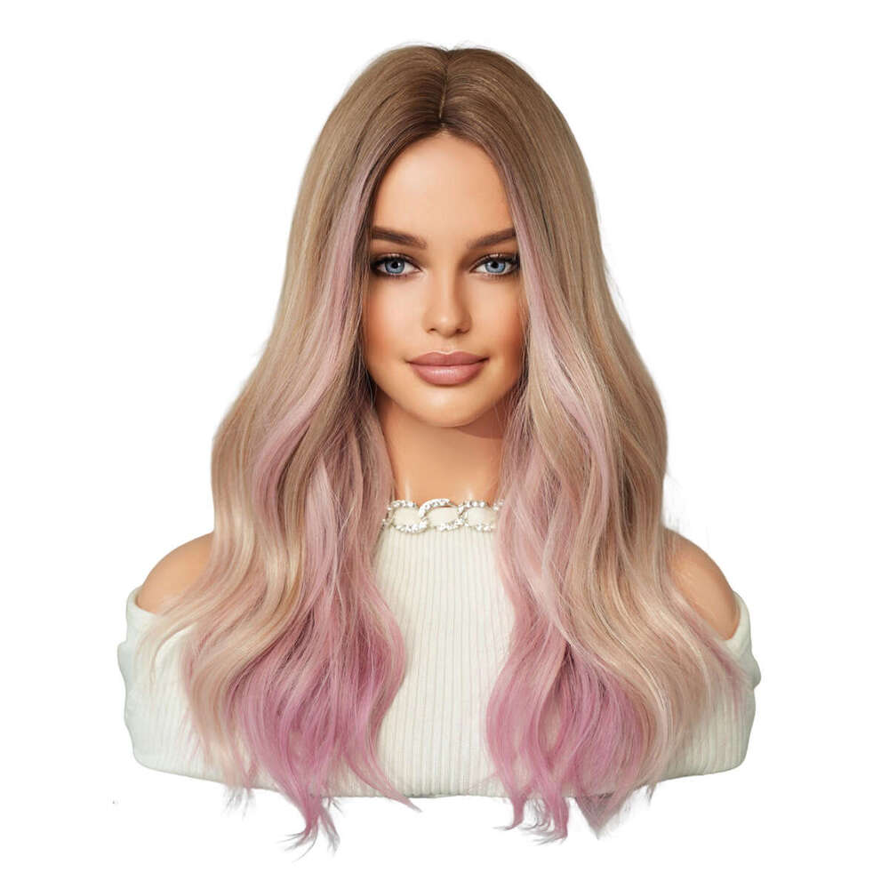 Order Gradient Long Curled Hair Big Wave Female Mid Split Fiber Head Cover Ombre Pink Wig