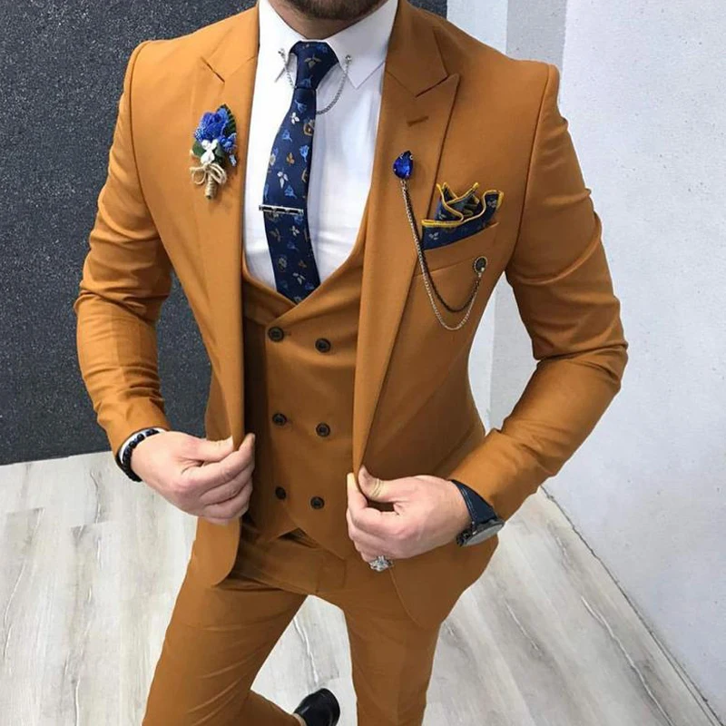 Slim Fit Men Suits Casual Style Brown Male Fashion Wedding Tuxedo For Groomsmen Dinner 3 Piece Jacket With Vest Pants 2024