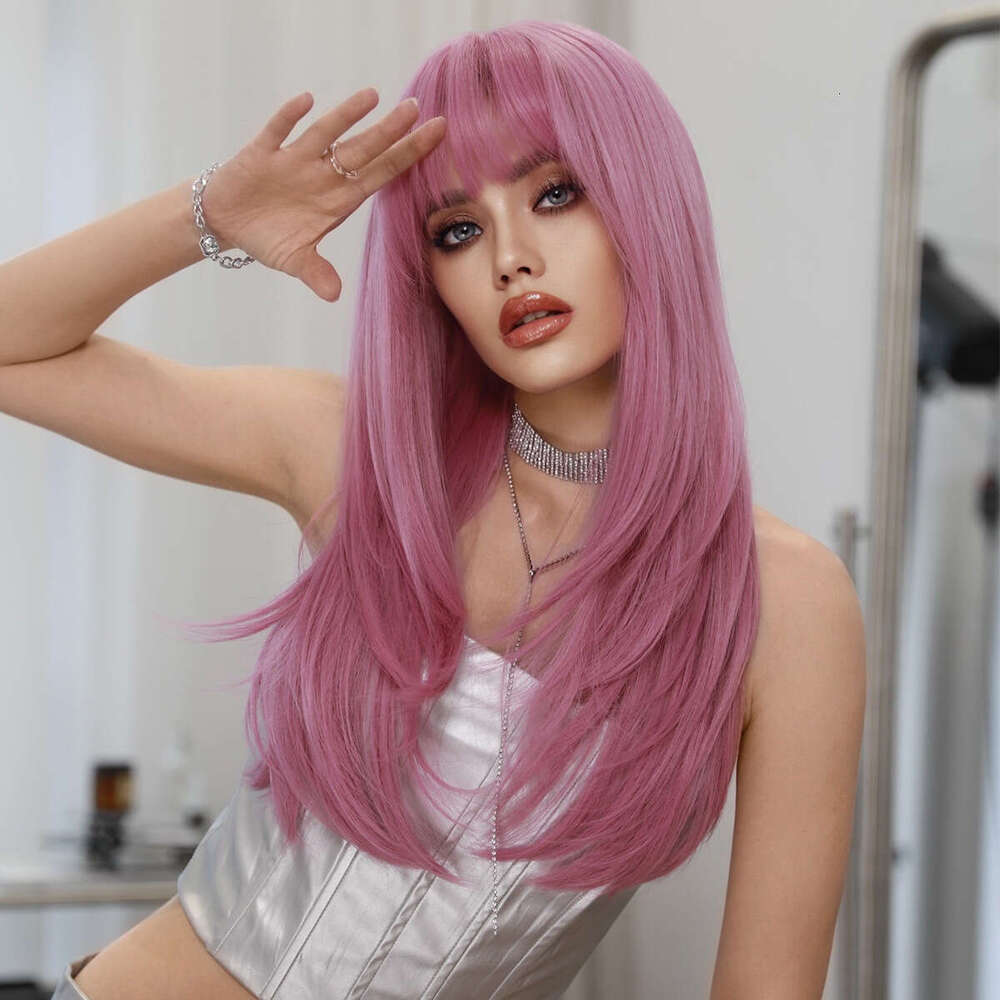 Pink Long Straight Layered Women's Fashionable Wig, Thin Rattan Powder Purple Synthetic Full Head Cover