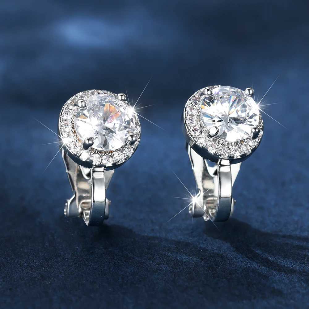 Luxury womens white zircon round clip earrings suitable for women silver bridal engagement and wedding ear clip non perforated jewelry CZ W241017