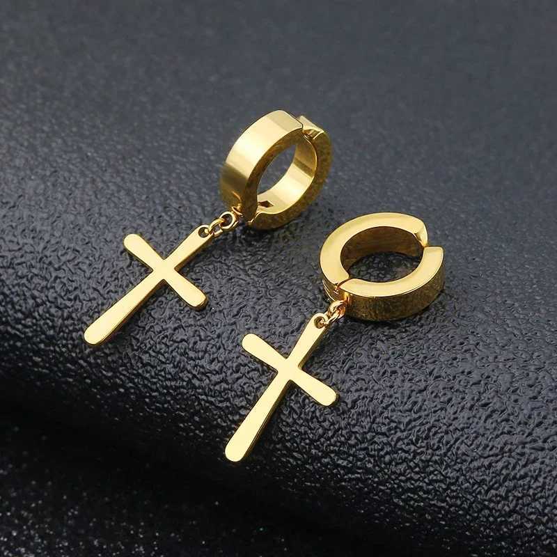 2 pieces/set of fashionable and simple stainless steel cross shaped mens earrings punk hip-hop womens earrings and mens jewelry without ear holes W241