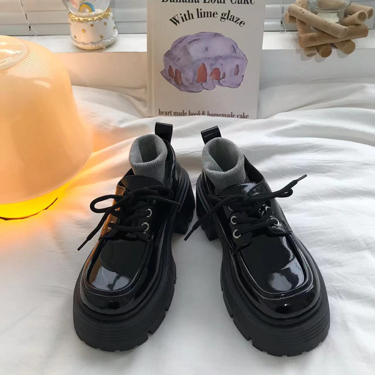 Women Fashion Thick Sole Casual Style Lace Up Leather Loafers Shoes Triple Black Free shipping