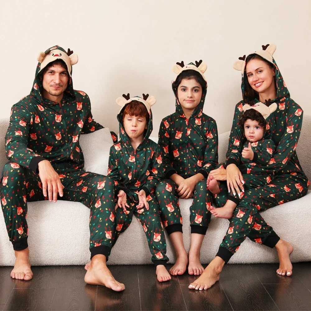 2024 Christmas Family Matching Set Cute Deer Ear Cover Zipper jumpsuit Cute one-piece jumpsuit allows printing pajamas Christmas appearance W241015