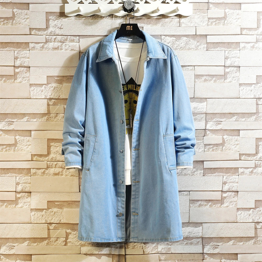 M-5XL Long Style High Street Men Trench Coat Washed Retro Blue Black Denim Jacket Spring Autumn Outerwear Vintage Jackets man 241017
