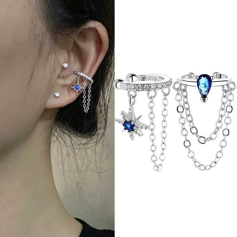 Winoneday 1 piece asymmetrical double chain womens earrings blue water droplet star CZ earrings cuffs fake earrings fashion jewelry W241017