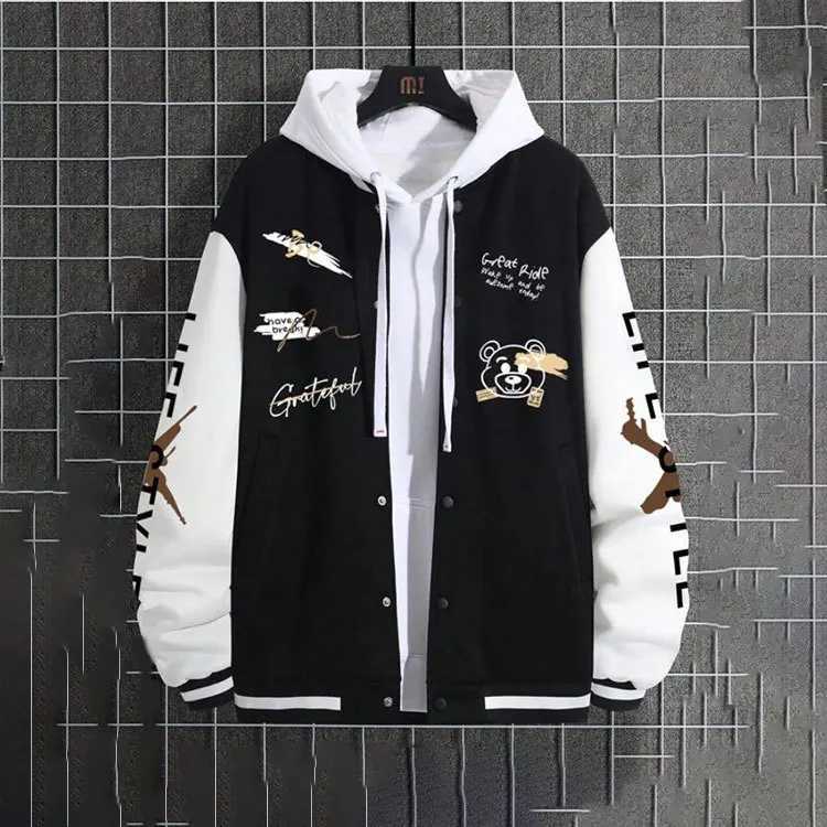 Mens baseball jacket High Street Fashion mens loose casual jacket wool insulated spring and autumn hooded sweatshirt M241017