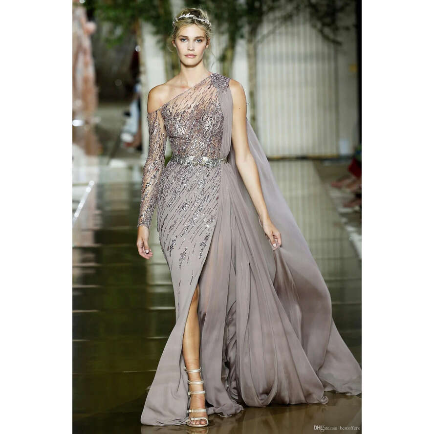 Murad Evening Zuhair New Dresses 2020 One Shoulder With Beads Crystal High Split Side Celebrity Pageant Gowns Custom Made