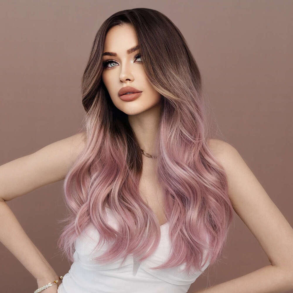 Female Pink Gradient Purple Long Curly Hair, Mid Split Korean Style Big Wave Wig Pink Wigs