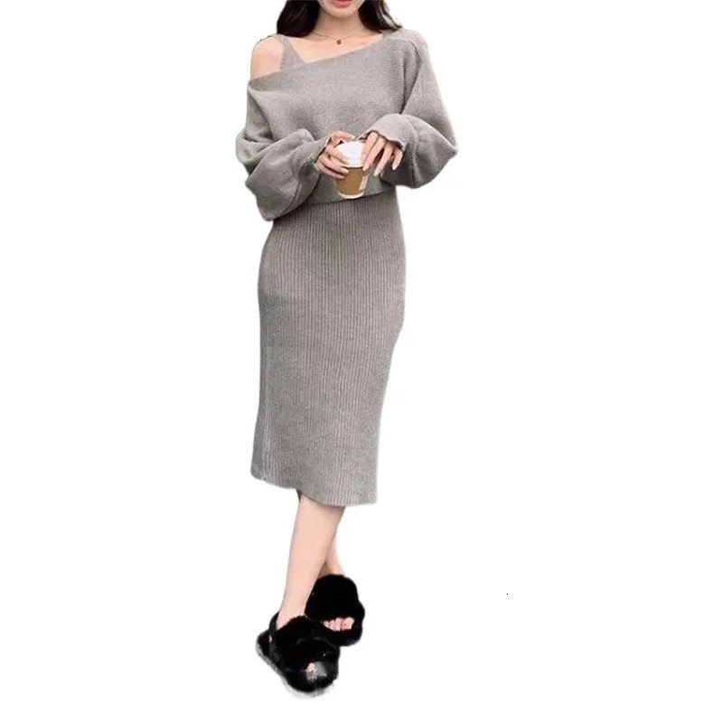 2024 Womens Knitted Sweater Tank Dress 2-piece Set Long Sleeve Off-the-shoulder Fashionable Autumnwinter Dress 241017