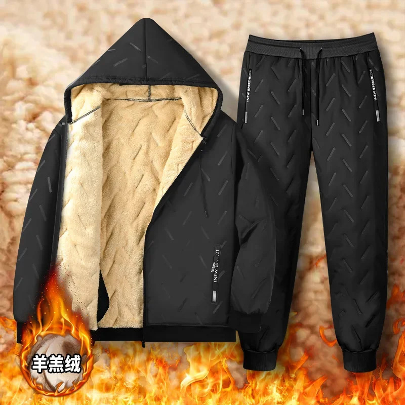 Winter Wool Fleece Parka Sets Men Warm Tracksuits Thick Lamb Two Pieces Set Mens Tracksuit Hooded Jacket Pants 241017