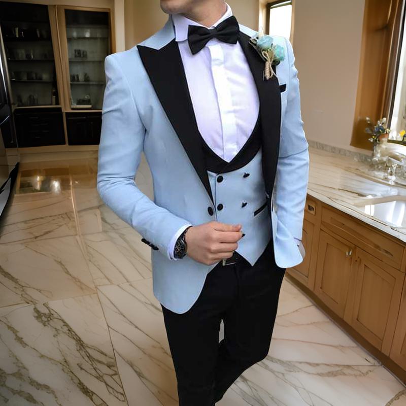 Slim Fit Men Suits For Wedding With Black Peaked Lapel Sky BLue Formal Groom Tuxedo 3 Piece Male Set Blazer Pants Vest Latest Style
