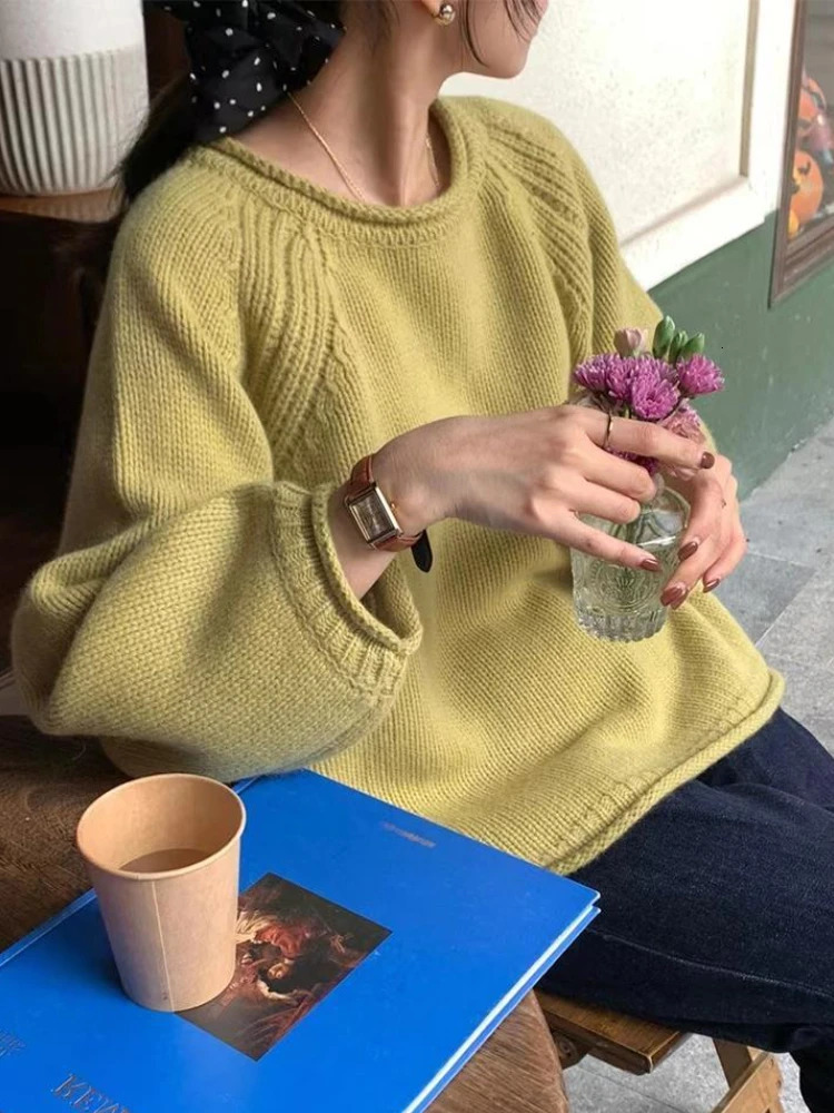 Knitwear Pulleys Womens Kawaii Loose Pure Soft Unique Sweater Korean Style Gentle Girl O-Neck Full Match Autumn Fashion Retro 241017