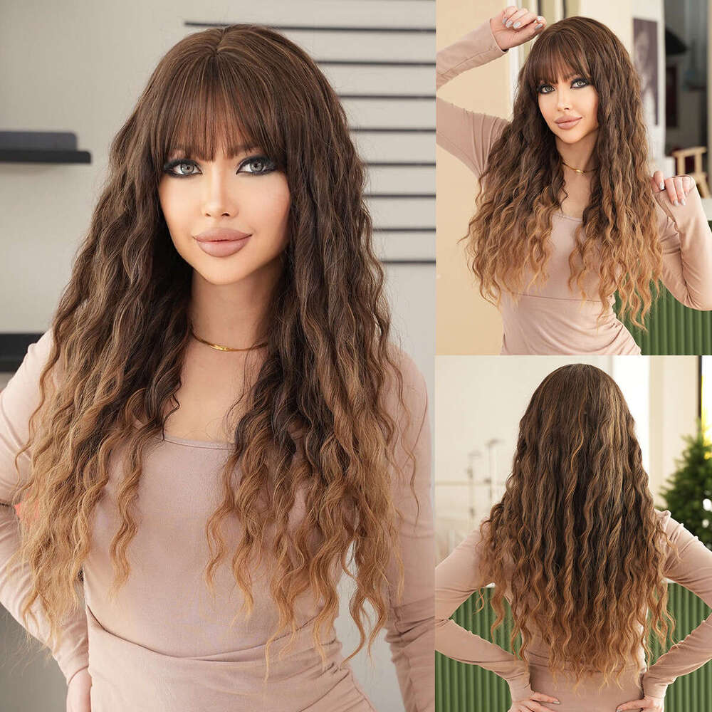 Women's New Wig Gradient En Brown Deep Wave Bangs Long Curly Hair Deep Wave Wigs