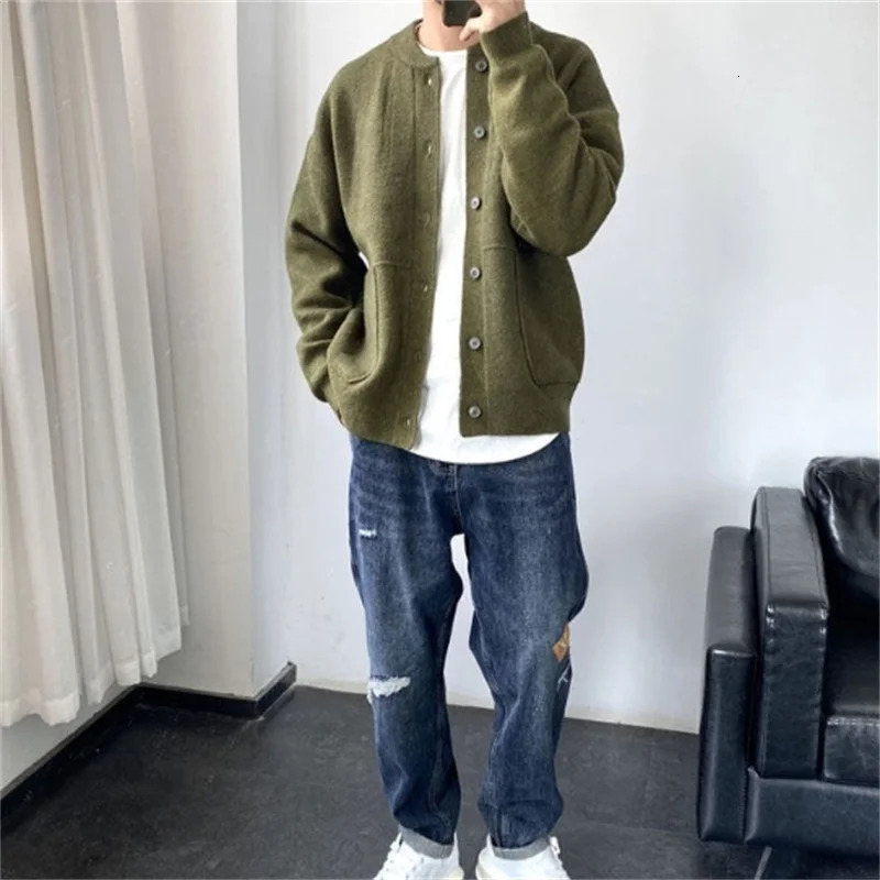 Y2K Spring Autumn Casual Sweater Jacket 2024 Round Collar Mens Clothing Fashion Solid Colour Top Loose Knitwear Coat Hombre 241017