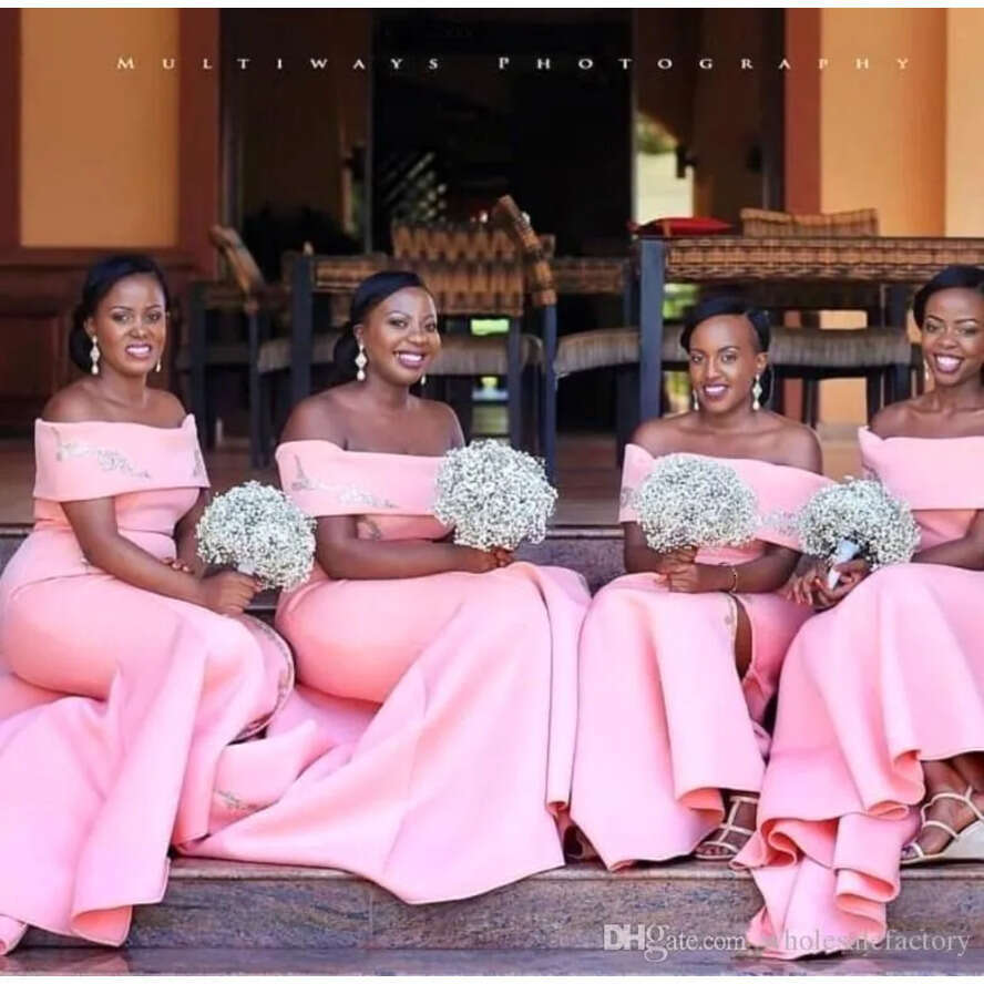 Mermaid African Nigerian Pink Bridesmaid Off The Shoulder Lace Applique Split Or Length Maid Of Honor Wedding Guest Dresses
