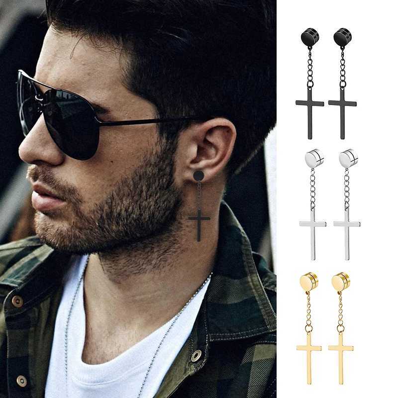 Punk Mens Powerful Magnet Cross Earnail Set with Non Perforated Fake Earnails for Boyfriend and Lover Jewelry W241017
