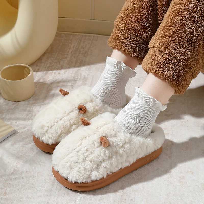 Warm winter womens slippers sandals home cotton shoes Eva artificial plush fur 4cm thick platform cute sheepskin mens slippersCL241017