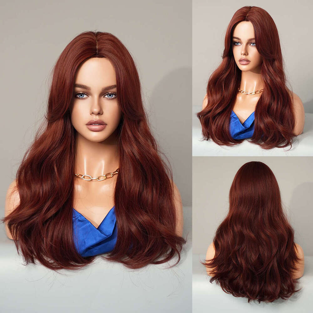 New Raspberry Long Curled Hair Women's Wig, Mid Size Wine Red Wavy Wigs