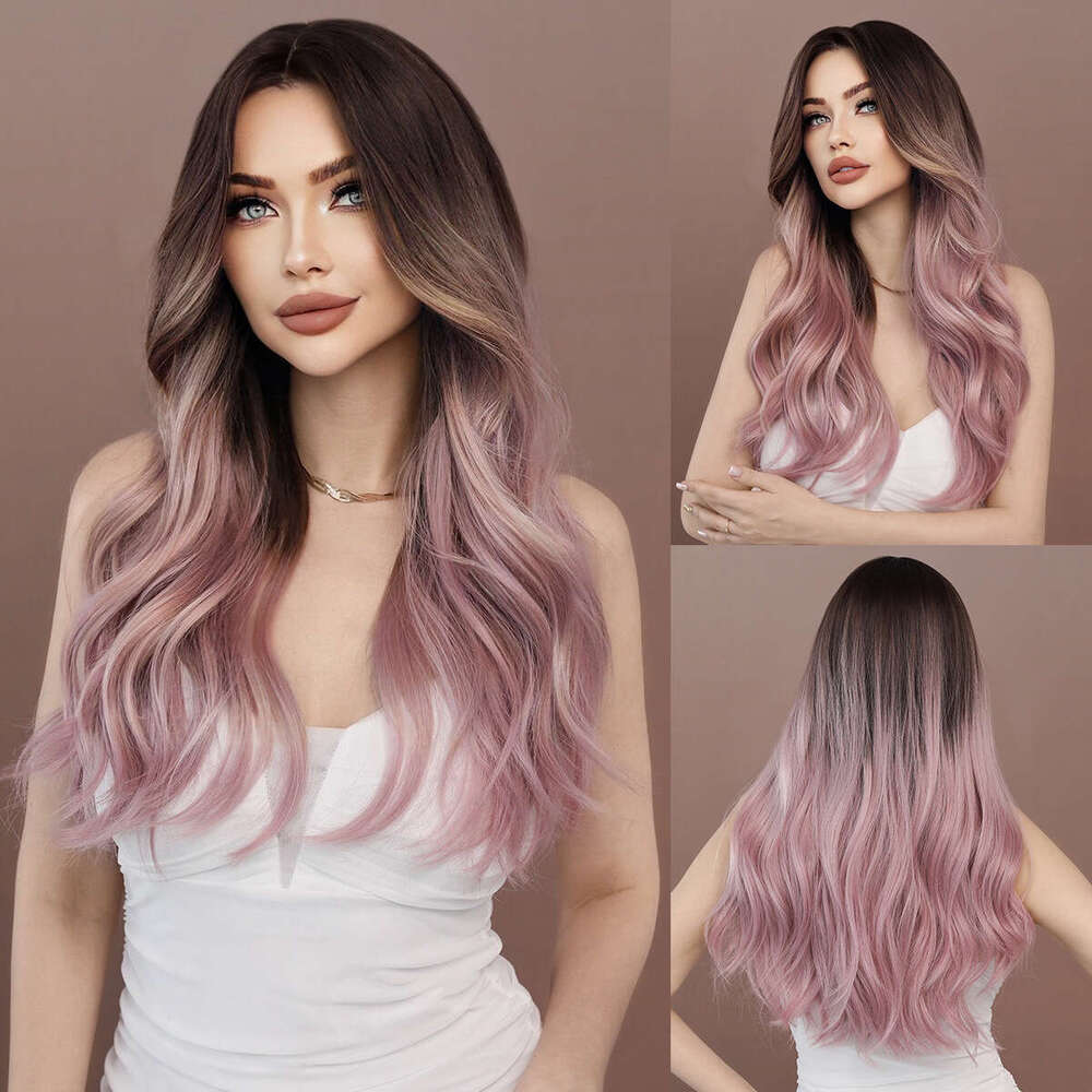 Female Pink Gradient Purple Long Curly Hair, Mid Split Korean Style Big Wave Wig Pink Wigs