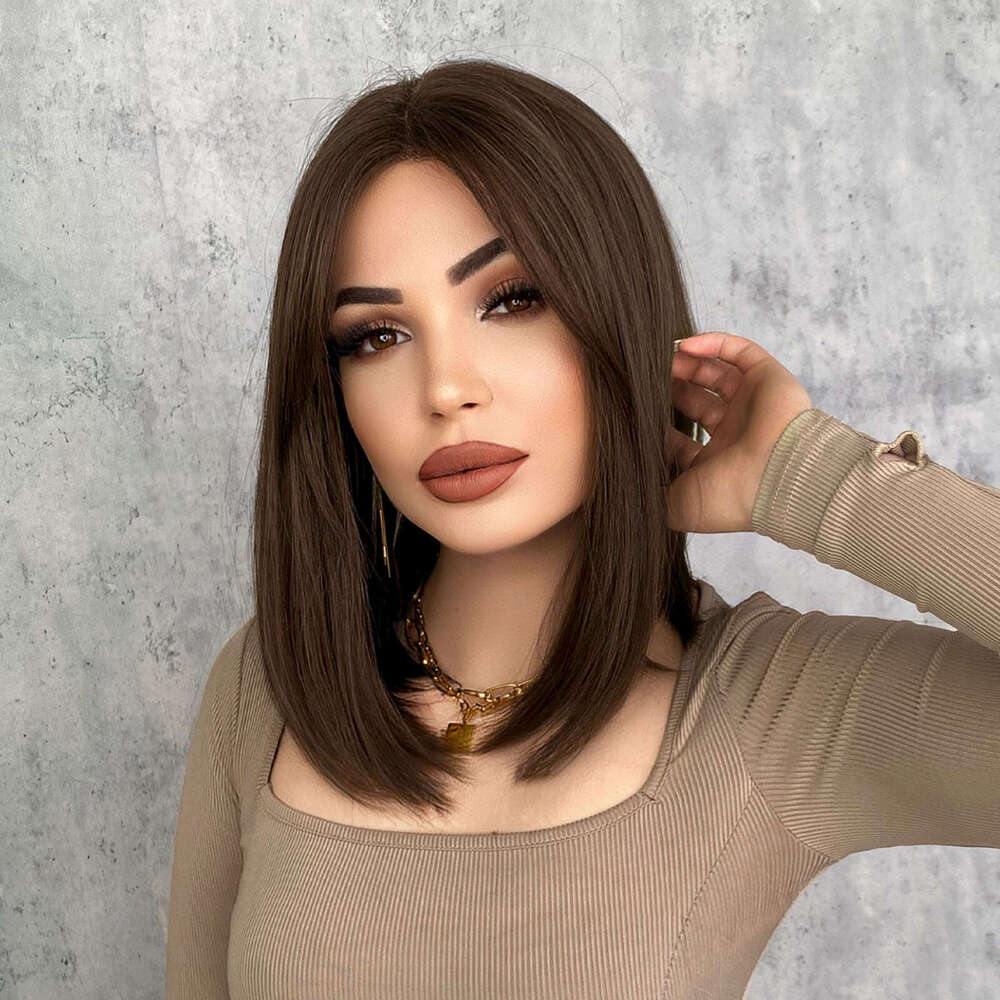 Ladies' Little T Front Wig Synthetic Full Headset Brown Short Straight Hair Mid Split Bob Lace Wigs
