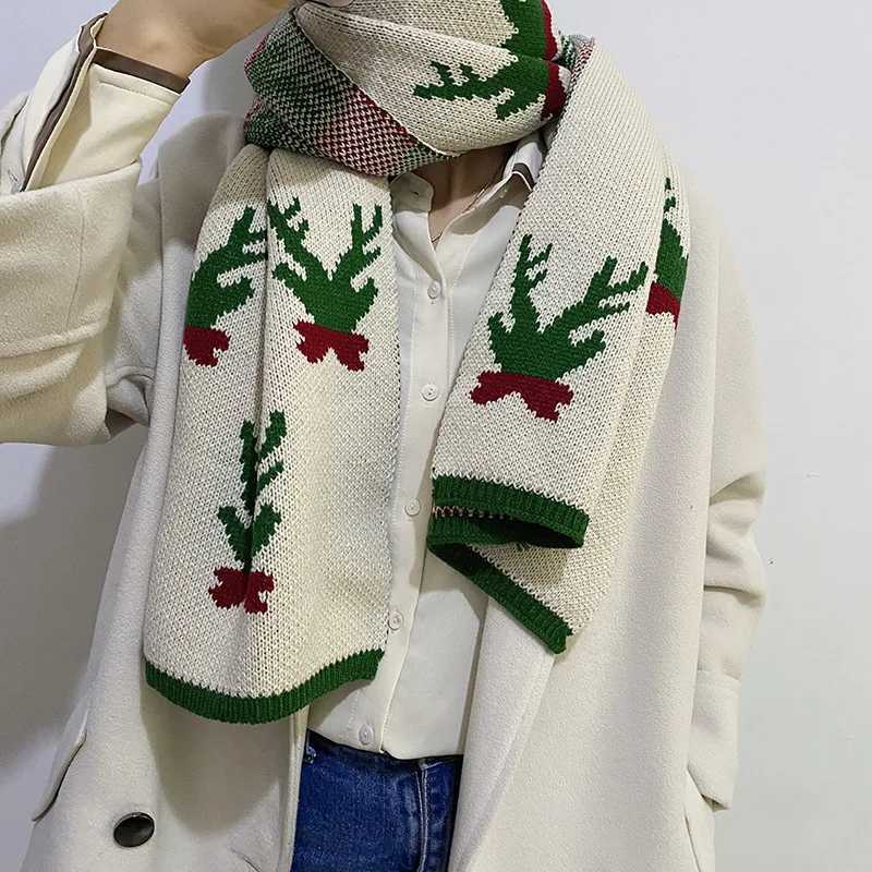 Christmas Scarf Elk Pattern Winter Knitted Warm Scarf Fem Christmas Couple Gift Student Cute Scarf X241017