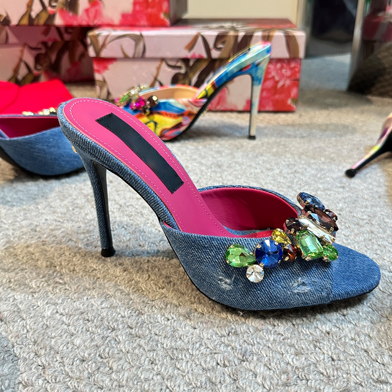 Designer Shoes Open Toes Rhinestone heels slip on Pumps Silk shoes women's luxury Brand 10 cm High Party factory footwear with box