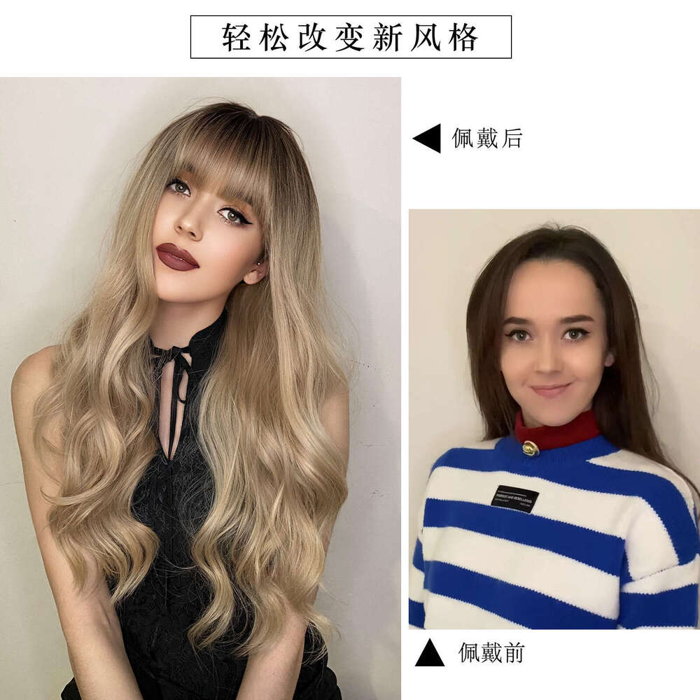 Brown Headband Gradient Color Wig Long Curly Hair Fashionable Layering With Bangs Wigs
