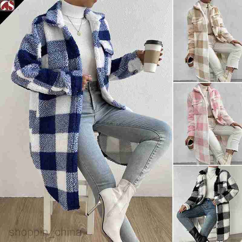 Women Jackets Coats Autumn and Winter Open Collar Plush Checkered Coat Loose Temperament Commuter Long Coat for Women