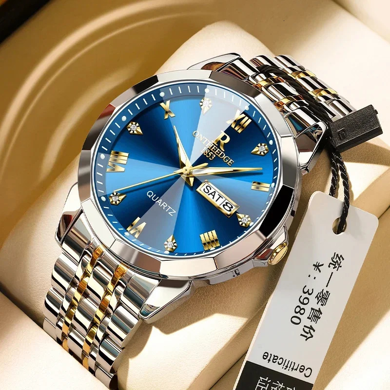 y Mens Watch Fashion Diamond Mirror Quartz Waterproof Luminous Date Week Stainless Steel 241009