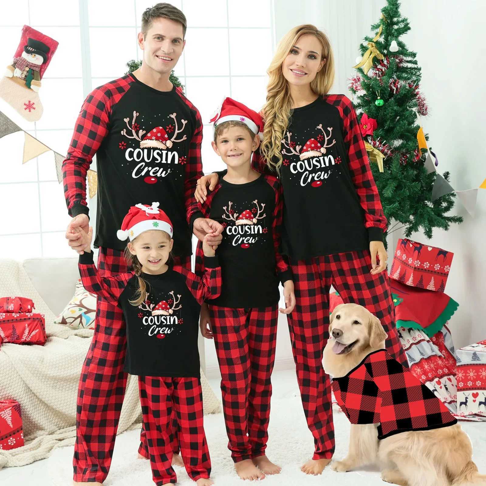 New letter grid pattern family pajamas set for mom dad and child matching set soft and warm pajamas for baby and dog jumpsuit Pjs Christmas appearance
