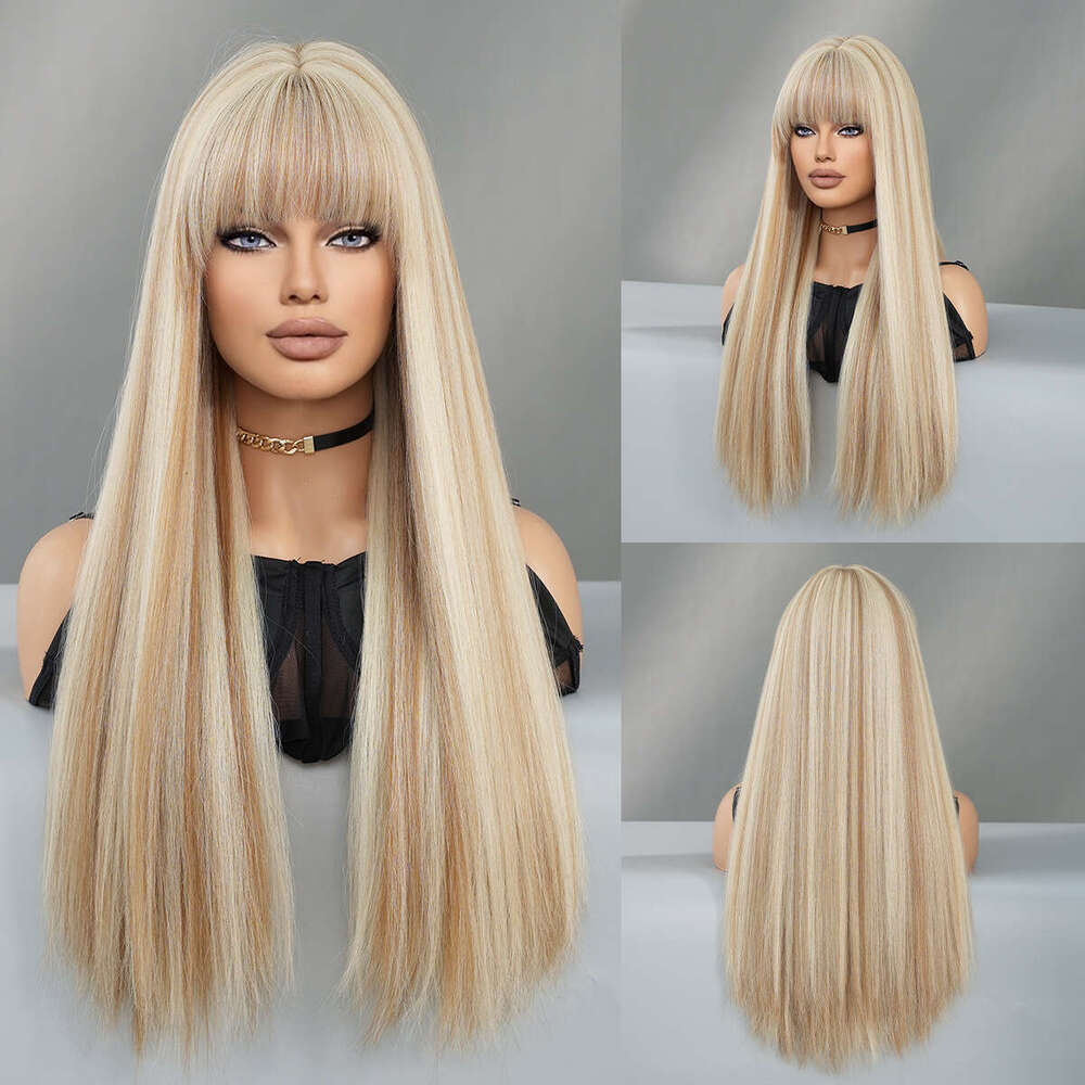 Wig Women's Long Straight Hair Pink Spot Dyed Lolita Natural Full Head Set Tik Tok Wigs