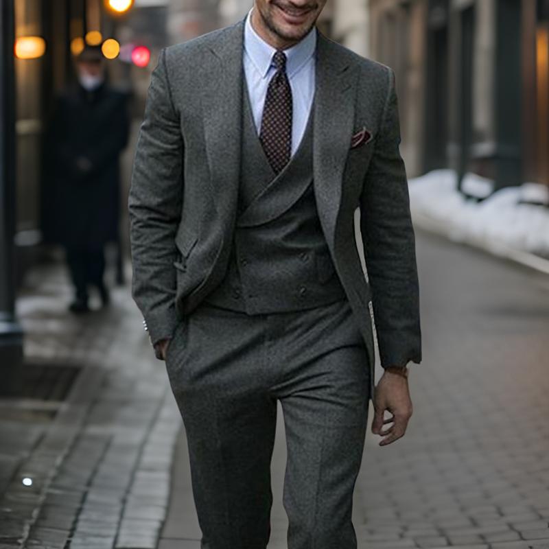 Gray Tweed Wool Men Suits for Winter Peaked Lapel 3 Piece Custom Wedding Groom Tuxedos Set Jacket Vest with Pants 2024 Fashion