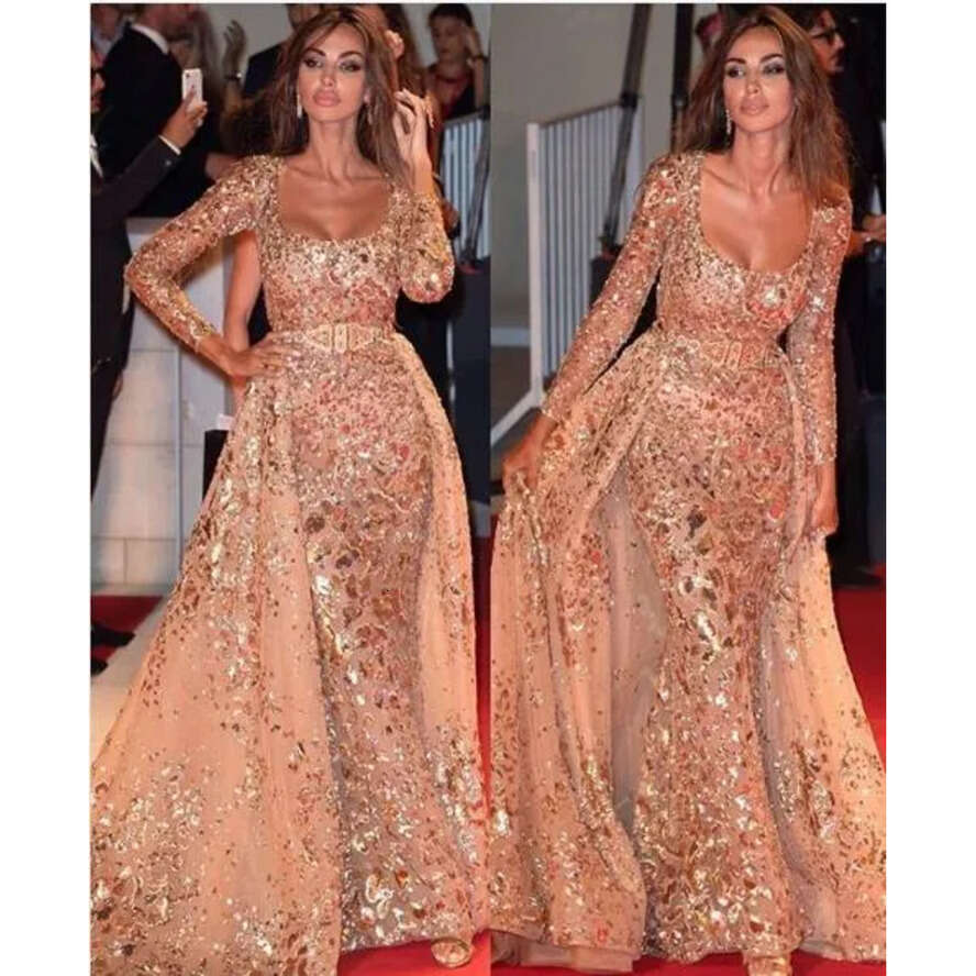 Long Sleeve Arabic 2020 Evening With Detachable Skirt Scoop Neck Sequins Middle East Prom Formal Party Dresses Pageant
