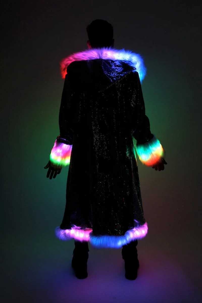 LED glitter faux fur mens jacket nightclub patch workwear long hoodie comfortable holiday party music festival clothing faux fur leather jacket W24122