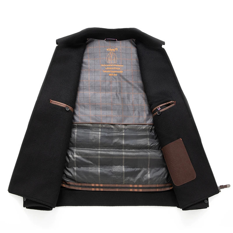 Classic autumn and winter detachable duck bottom 100% wool jacket for mens business leisure thick warm windproof 241007