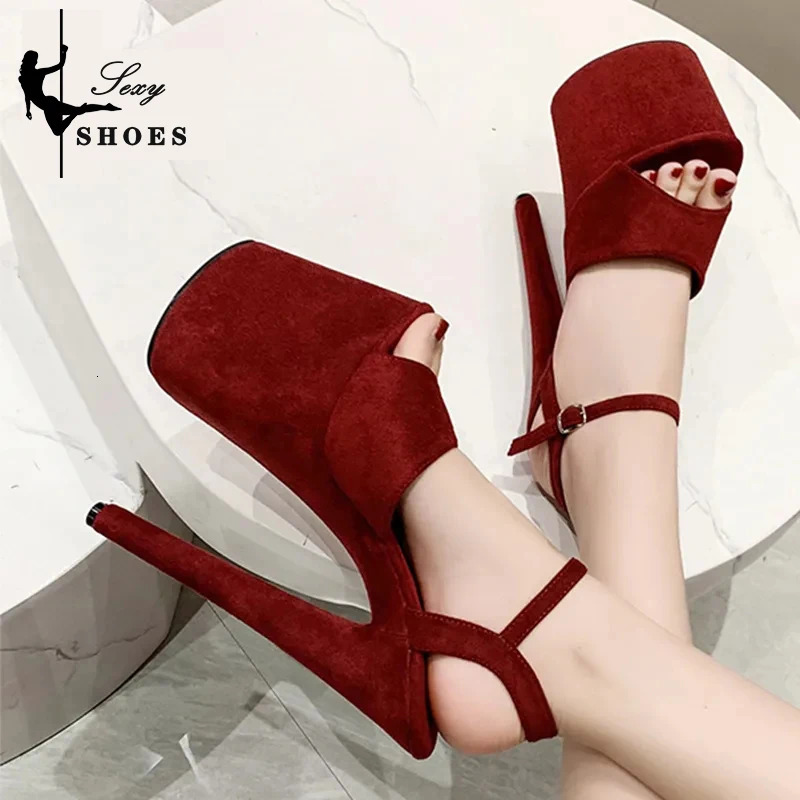 Summer Women 20cm High Heels 10cm Platform Suede Black Sandals Lady Stiletto Heels Strappy Sandles Catwalk Fetish Shoes 241010