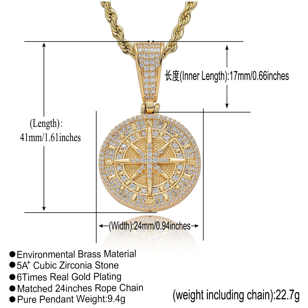 Hip Hop Compass Pendant Necklace Full 5A Zircon Men Women Couple Jewelry Gift