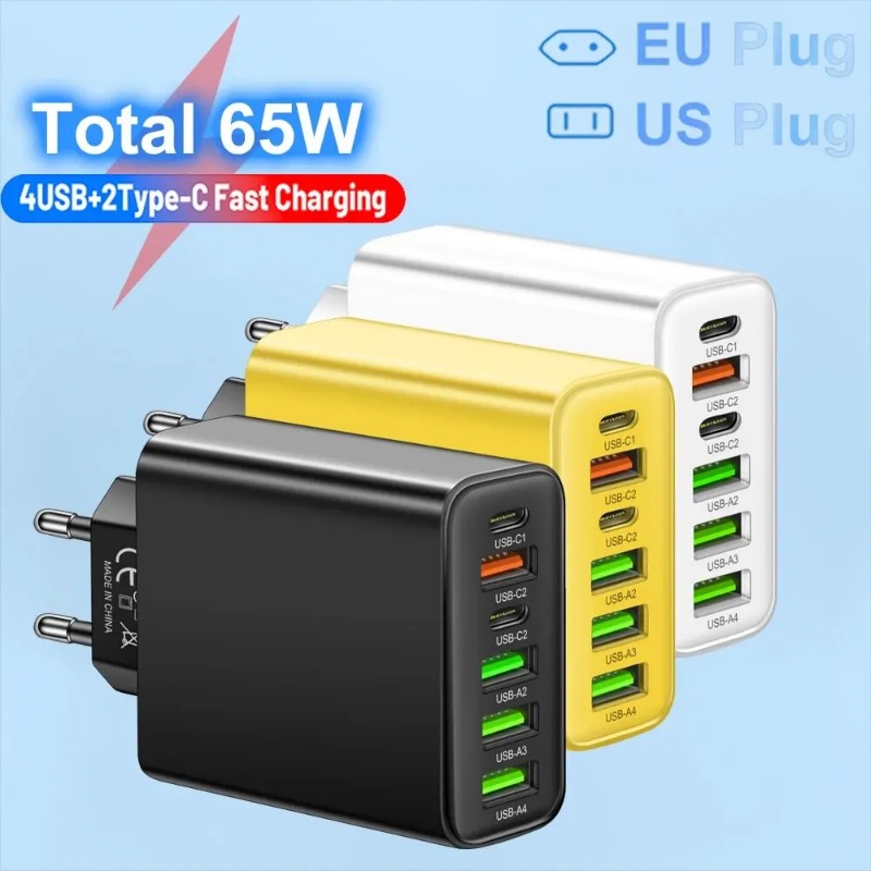 Total 65W 6 in 1 USB Type C Quick Charging Fast Wall Charger EU/US/UK Plug Dual Port USB-C + 4 USB Port Mobile Phone Power Adapter For iPhone Samsung 
