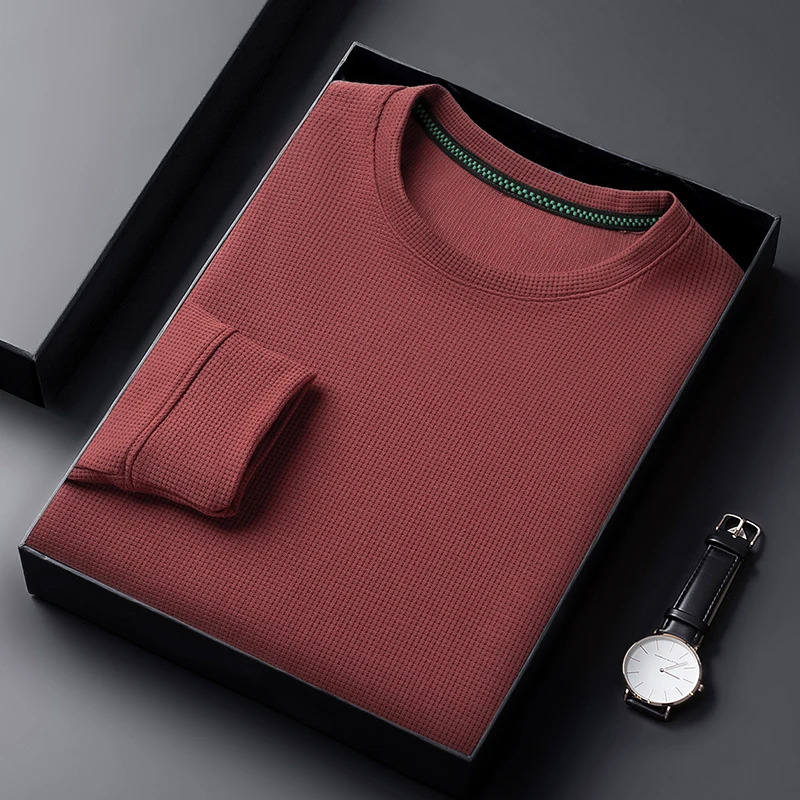 Mens Casual Waffle Round Neck T-shirt Breathable Comfortable and Fashionable Long Sleeved T-shirt 241017