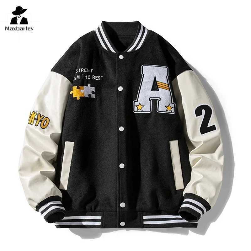 Autumn baseball jacket mens/womens street college letter splicing work leather windproof jacket mens fashionable single chest jacket M241017