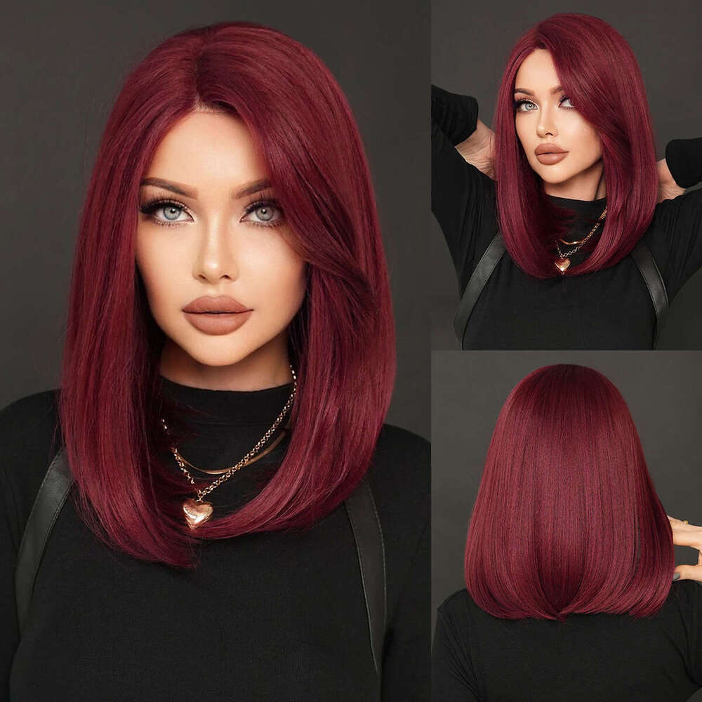 T Part Front Lace Purple Red Female Full Head Cover Shoulder Straight Hair Side Split Natural Wig