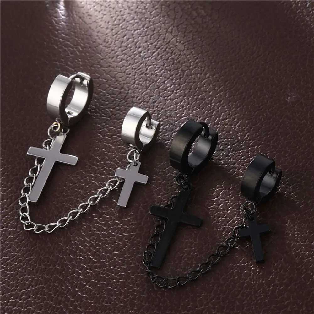 Retro womens tassel titanium steel cross punk chain Korean stud earrings womens ear clip pendant earrings mens ear clip W241017