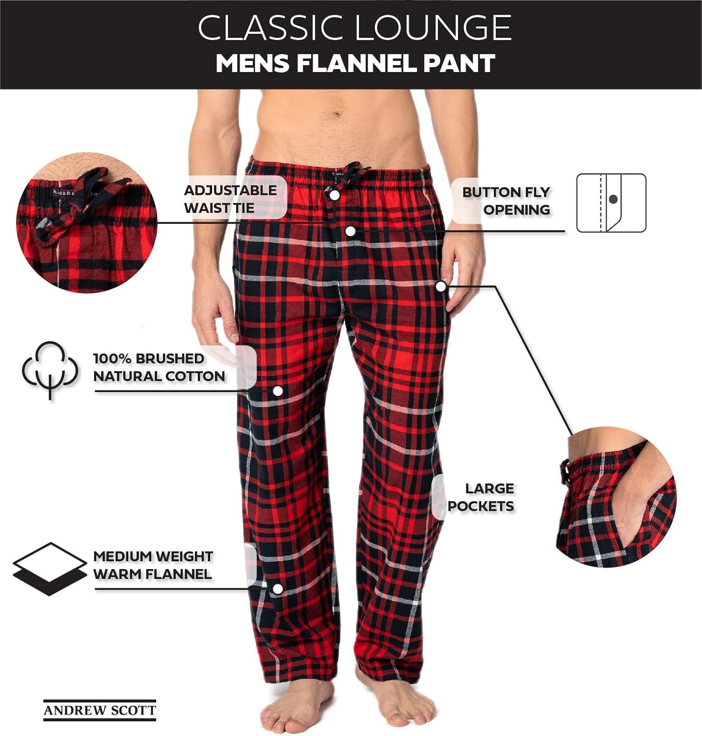 Men's 4-piece set of 100% pure cotton flannel pajamas and sleepwear - casual pants