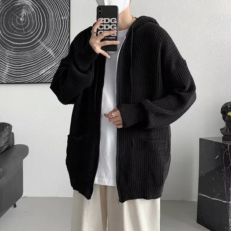 Solid Color Hoodies Cardigan Jackets For Men Autumn Y2K Vintage Streetwear Knitted Sweater Korean Fashion Knitwears Coat 241017