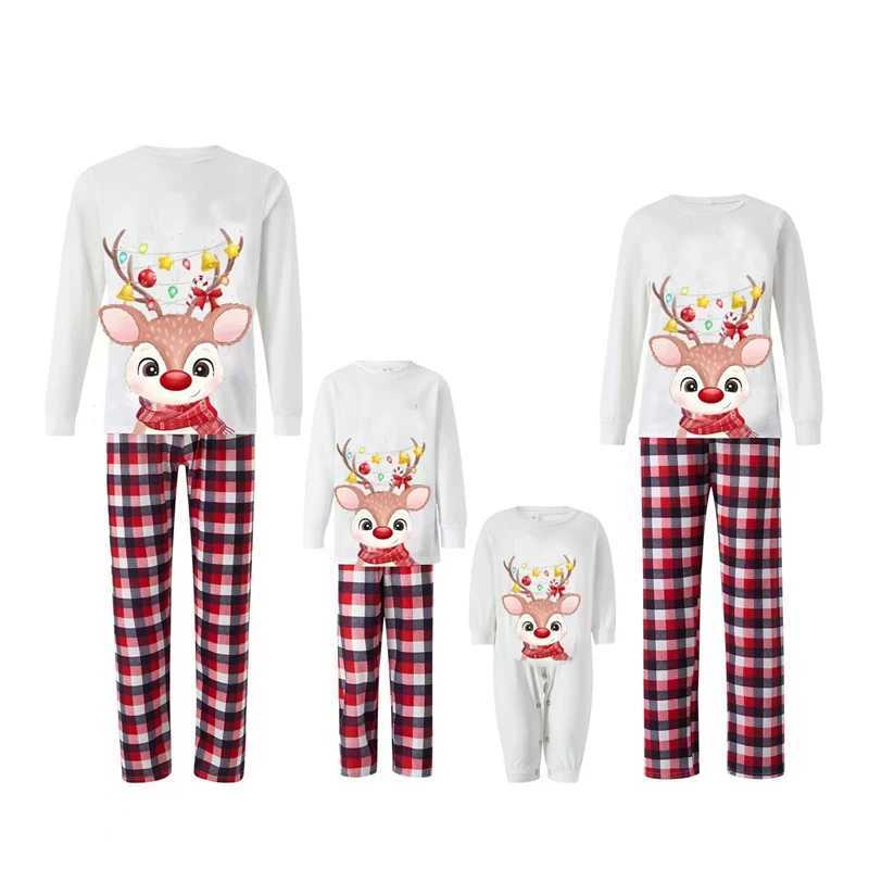 2024 Christmas Deer Family Matching Set Father Mother Child Baby and Dog Pajama Set Checkered Dad Mom and Me W241015