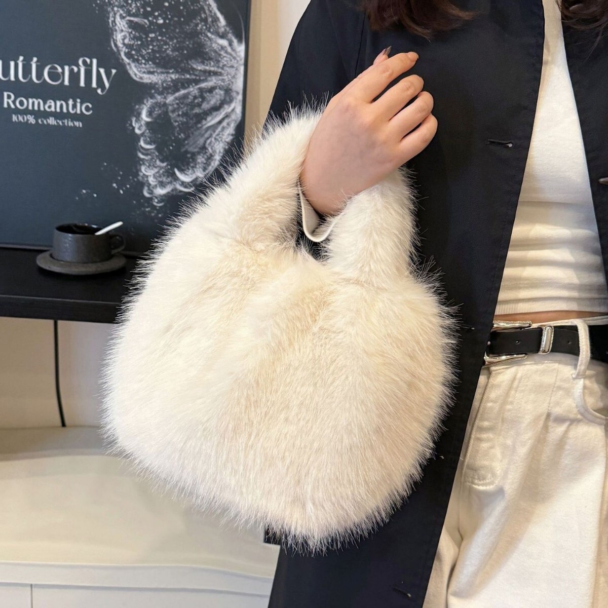 autumn/winter new fox fur tote bag, versatile handbag, niche plush bag